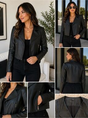 Theory Black Leather Asymmetric Zip Jacket